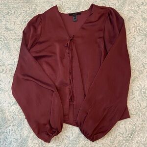 Forever 21 Women's Long Sleeve Satin Maroon Blouse V Neck Tie Up Design Size S